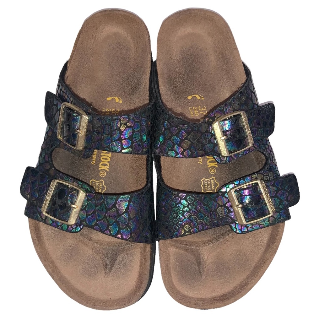 Birkenstock Arizona Iridescent Snake-Print Slide Sandals - Purple/Green